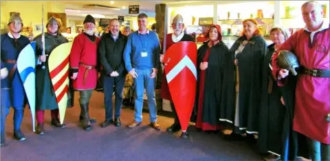  ??  ?? Enniscorth­y Historical Re-enactment Society members with Tourism Officer, Billy Byrne, and Director of Archaeolog­y, Denis Shine.