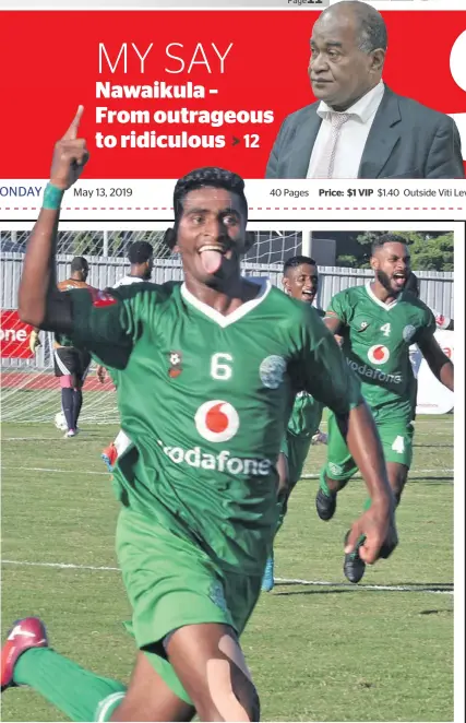  ?? Photo: Waisea Nasokia ?? Jack’s Nadi rep Jeshal Kumar celebrates his winning goal during the 2019 Vodafone Fiji FACT final at Churchill Park, Lautoka, on May 12, 2019.