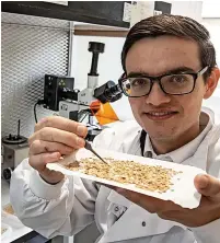  ?? ?? Dr Matthew Walker showcases some of the seeds which will be treated with lasers and natural bioactive compounds by Bangor University’s Biocomposi­tes Centre as part of the research project