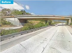  ?? GOOGLE STREET VIEW AND MIKE ELIASON/SANTA BARBARA COUNTY FIRE DEPT. VIA EPA-EFE ?? Before U.S. 101 at the Olive Mill Road overpass was flooded with runoff water from Montecito Creek and blocked with mud and debris after heavy rains in Montecito, Calif. All the rain raised the risk of mudslides and flash flooding.