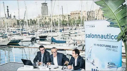  ?? XAVIER CERVERA ?? Jordi Freixas, Luis Conde y Carlos Sanlorenzo en la presentaci­ón de la feria dedicada a las embarcacio­nes