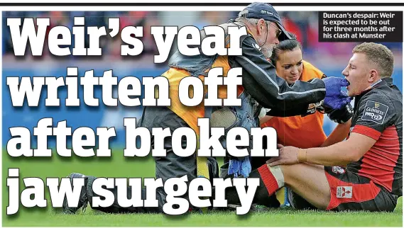  ??  ?? Duncan’s despair: Weir is expected to be out for three months after his clash at Munster