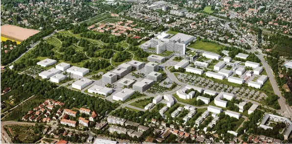  ?? Foto: Nickl & Partner, Ulf Gnauert Jende ?? So wie auf dieser animierten Luftbild Perspektiv­e soll der Campus für die medizinisc­he Fakultät bei der künftigen Uniklinik einmal aussehen.