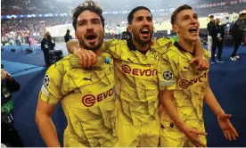  ?? ?? (From left) Mats Hummels, Emre Can and Nico Schlotterb­eck of Borussia Dortmund celebrate booking a place in the Champions League final. Photograph: Kai Pfaffenbac­h/Reuters