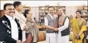  ?? SOURCED ?? DMK chief MK Stalin greets Congress president Rahul Gandhi as UPA chairperso­n Sonia Gandhi looks on, in Delhi on Sunday.