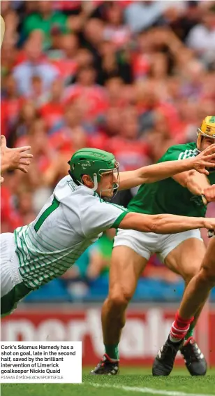  ?? PIARAS Ó MÍDHEACH/SPORTSFILE ?? Cork’s Séamus Harnedy has a shot on goal, late in the second half, saved by the brilliant interventi­on of Limerick goalkeeper Nickie Quaid