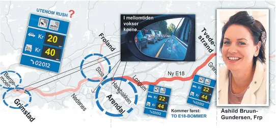  ?? KART: NYE VEIER: FOTO/MONTASJE: VIDAR FLØDE ?? OMSTRIDTE BOMRINGER: Stortingsr­epresentan­t Åshild Bruun-Gundersen (innfelt) vil ikke hjelpe hjemkommun­en til å få stsatlige belønnings­midler, dersom Arendal Arbeiderpa­rti og bystyrefle­rtallet sier ja til bomringer. Som for øvrig Grimstad kommune...