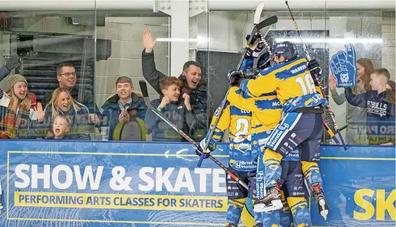  ?? Picture: Graham Goodman ?? Bristol Pitbulls celebrate taking the lead for the first time against Chelmsford after scoring their seventh goal