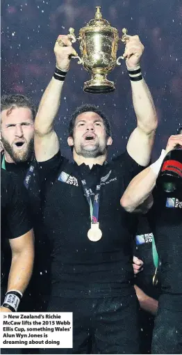  ??  ?? > New Zealand’s Richie McCaw lifts the 2015 Webb Ellis Cup, something Wales’ Alun Wyn Jones is dreaming about doing