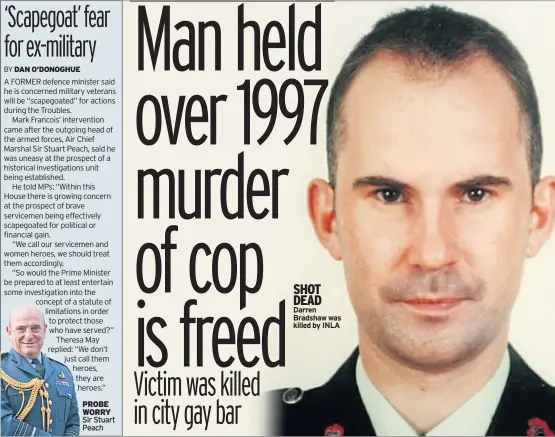  ??  ?? PROBE WORRY Sir Stuart Peach SHOT DEAD Darren Bradshaw was killed by INLA