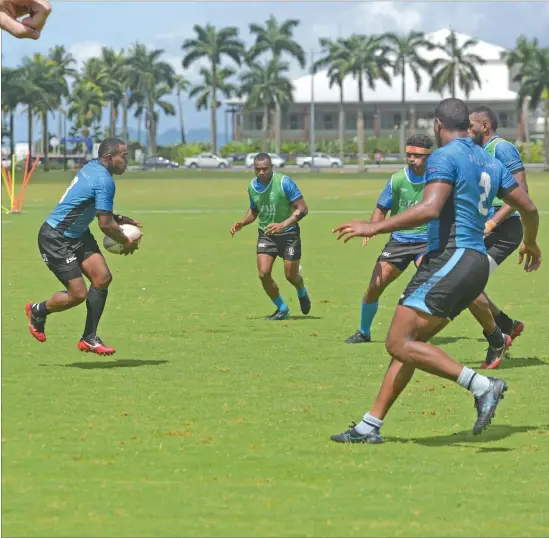  ??  ?? The Fiji Airways Fijian 7s squad during a training session at Suva’s Albert Park. Photo: Ronald Kumar
