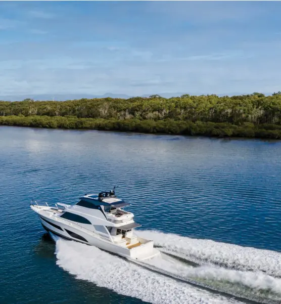  ??  ?? Powered with optional 1,550 hp MAN diesels, the Rivera 64 Sports Motor Yacht we got aboard saw a top hop of 33.9 knots.