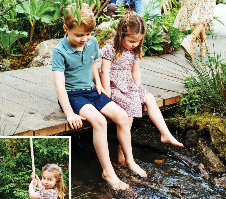  ??  ?? Cooling off: George and Charlotte dip their toes in the brook at their mother’s Chelsea garden yesterday