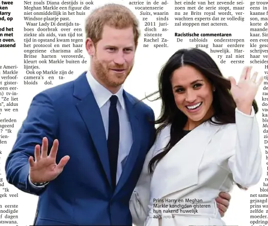  ??  ?? Prins Harry en Meghan Markle kondigden gisteren hun nakend huwelijk aan.
FOTO AP