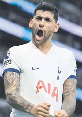  ?? Picture: AFP ?? PUMPED. Tottenham Hotspur defender Cristian Romero celebrates scoring a goal during their English Premier League match against Crystal Palace at the Tottenham Hotspur Stadium yesterday.