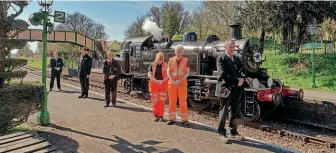  ?? MHR ?? Mid-Hants Railway staff observed a minute’s silence for HRH The Duke of Edinburgh at Ropley station on April 17, with Ivatt 2MT 2-6-2T No. 41312 carrying a wreath on its smokebox door.
