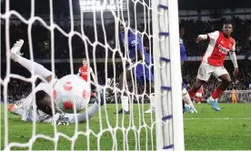  ?? Bridge. Photograph: David Klein/Reuters ?? Eddie Nketiah gives Arsenal a 3-2 lead against Chelsea in the second half at Stamford
