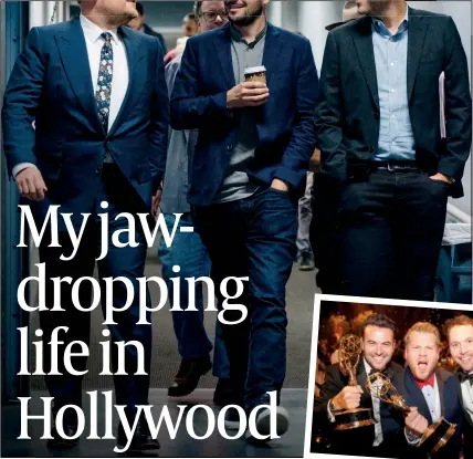  ??  ?? James Corden, Ben Winston and producer Rob Crabbe (main picture, l to r) and at last year’s Emmys. Below left, Winston and Crabbe with Tom Cruise and comedian Ian Karmel