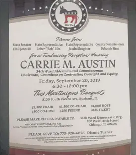  ?? PROVIDED PHOTO ?? A flyer for the Sept. 20 fundraiser for Ald. Carrie Austin.