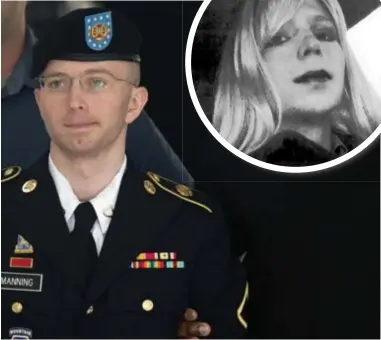  ?? FOTO'S AFP ?? Grote foto: Chelsea Manning, toen nog Bradley, bij zijn arrestatie in 2010. Vandaag verlaat transgende­r Chelsea (kleine foto) normaal de gevangenis als een vrije vrouw.