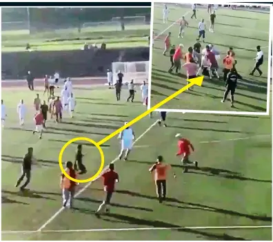  ??  ?? Appalling: thugs close in as the referee runs (above) but he can’t escape the attack (top)