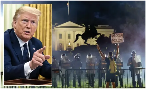  ??  ?? Donald Trump moved to an undergroun­d safe room and the White House went dark as protesters attacked cars and buildings