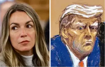  ?? GLOBE STAFF/AP ?? A photo of Karen Read at a pretrial confence in Dedham on April 12, left, and a courtroom sketch of Donald Trump at his trial in New York on April 15.