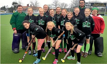  ??  ?? The South Canterbury Collier girls’ hockey team back from left, Nora Quigley, Ingrid Whitticase, Libby O’Connor, Jenna Rae McIntyre (umpire), Rachel Harford, Chelsea Greenall, Emily-Jane Glucas, Rebekah Skinner, Emma Wood, Tim Greenall (coach), Charli...