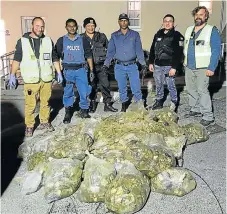  ?? Picture: SAPS ?? BIG HAUL: Police members with bags full of seized perlemoen in Gordon’s Bay yesterday