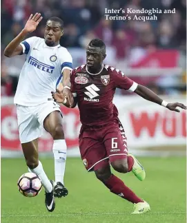  ??  ?? Inter’s Kondogbia and Torino’s Acquah