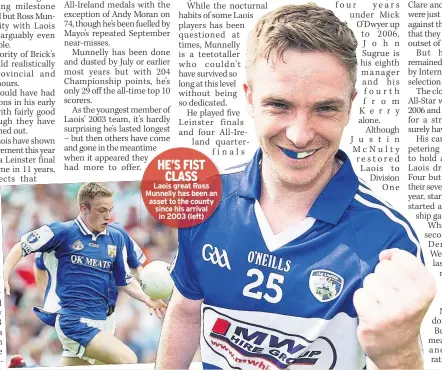  ??  ?? HE’S FIST CLASS
Laois great Ross Munnelly has been an asset to the county since his arrival in 2003 (left)