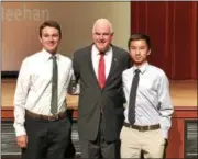  ??  ?? Devon Prep students Daniel O’Connor of Broomall (left) and Brandon Hoang of Springfiel­d (right) recently met U.S. Rep. Patrick Meehan during the 7th Congressio­nal District’s Third Annual Youth Leadership Summit held in Marple Newtown High School.