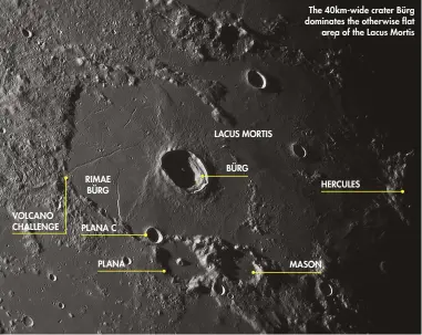  ??  ?? VOLCANO CHALLENGE RIMAE BÜRG
PLANA C
PLANA
LACUS MORTIS
BÜRG The 40km-wide crater Bürg dominates the otherwise flat
area of the Lacus Mortis
HERCULES
MASON