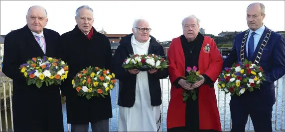  ??  ?? Broadcaste­r George Hook , Cllr Oliver Tully , Fr Jim Donleavy, Cllr Frank Godfrey and Mayor Pio Smith at the wreath laying ceremony