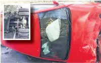  ??  ?? Ariel Babiarz overturned the road sweeper (inset) he was driving and hit a red Volkswagen