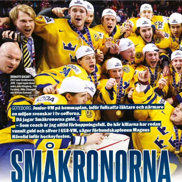  ?? Foto: BILDBYRÅN ?? SENASTE GULDET
2012 vann Småkronorn­a JVM. I laget ingick bland andra John Klingberg, Filip Forsberg, Mika Zibanejad och William Karlsson.