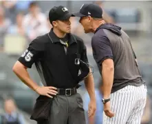  ?? GETTY IMAGES ?? PARTING WORDS: Yankees manager Aaron Boone rants at plate umpire Brennan Miller after being ejected.