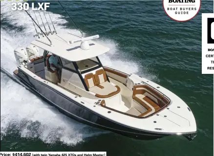  ??  ?? Price: $414,602 (with twin Yamaha 425 XTOs and Helm Master)
SPECS: LOA: 32'9" BEAM: 10'4" DRAFT (MAX): 2'3" DRY WEIGHT: 9,545 lb. (without power) SEAT/WEIGHT CAPACITY: Yacht Certified FUEL CAPACITY: 265 gal.
HOW WE TESTED: ENGINES: Twin 425 hp Yamaha 425 XTO DRIVE/PROPS: Outboard/Yamaha XTO Offshore 161/8" x 23" 3-blade stainless steel GEAR RATIO: 1.79:1 FUEL LOAD: 130 gal. CREW WEIGHT: 400 lb.