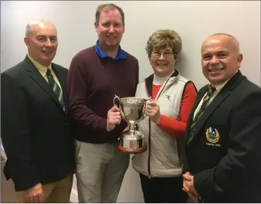  ??  ?? At the presentati­on of prizes for the Maurice O’Donoghue Memorial Cup competitio­n at the Ross GC were, from left: Club President, Terence Mulcahy, Jim Morris, winner, Margaret O’Donoghue, sponsor, and Club Captain Alan Flynn.