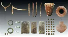  ?? PROVIDED TO CHINA DAILY ?? Pottery and jade ware, antler hoes and crocodile bone plates are among the relics that have been unearthed from tombs at the Gangshang site in Tengzhou, Shandong province.