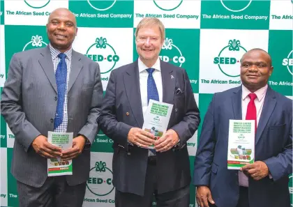  ??  ?? Seed Co Limited group finance director John Matorofa (left), group chairman David Long and group CEO Morgan Nzwere at the group’s financial results presentati­on yesterday