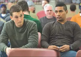  ?? Associated Press photo ?? This image released by DreamWorks Pictures shows Miles Teller, left, and Beulah Koale in a scene from “Thank You for Your Service.” The drama follows a group of U.S. soldiers returning from Iraq who struggle to integrate back into family and civilian...