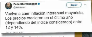  ??  ?? BCRA EN TWITTER. El presidente del ente monetario celebró en la red social una baja interanual de la inflación mayorista en junio.