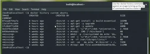  ??  ?? Use the docker history command against an image to bring up the list of commands used to create it.