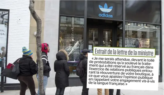  ?? PHOTOS D’ARCHIVES, BEN PELOSSE ET COURTOISIE, CAPTURE D’ÉCRAN ?? Sur la photo, la boutique Adidas de la rue Ste-catherine, à Montréal. En mortaise, un extrait de la lettre de la ministre de la Culture Marie Montpetit envoyée au président d’adidas Canada. Elle n’y mâche pas ses mots.