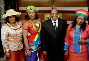  ??  ?? President Jacob Zuma with his three wives (from left) Nompumelel­o Ntuli, Thobeka Mabhija and Sizakele Khumalo after delivering state-of-the-nation address in Cape Town. — Reuters file