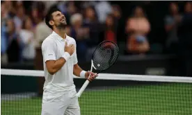  ?? Centre Court. Photograph: Tom Jenkins/The Guardian ?? Novak Djokovic celebrates after his straight sets semi-final victory over Jannik Sinner on