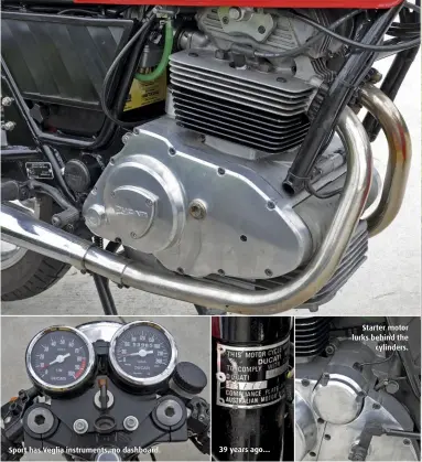  ??  ?? Sport has Veglia instrument­s, no dashboard. 39 years ago… Starter motor lurks behind the cylinders.