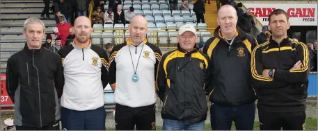  ??  ?? Shelmalier­s mentors Benny McCabe (manager), David Shiggins, Brendan O’Sullivan, Michael Ryan, Aidan O’Leary and Garret Dunne.