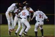  ?? JOE BOYLE - MEDIANEWS GROUP FILE ?? The ValleyCats celebrate a walk off win on June 21, 2019at Joe Bruno Stadium.